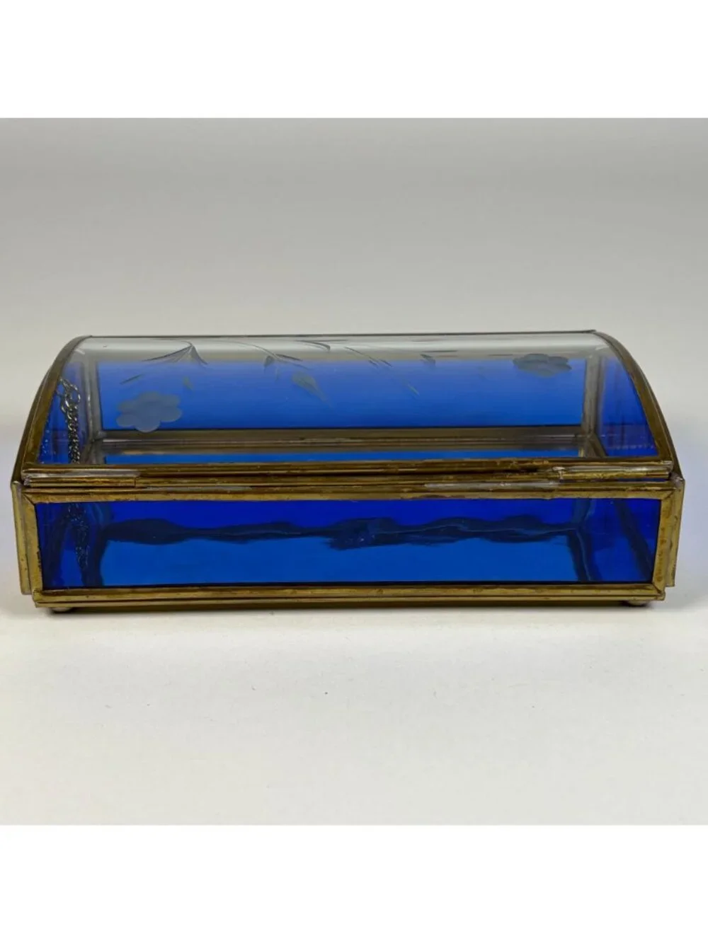 Vintage Blue Glass Jewelry Trinket Box Brass Trim Hinged Lid